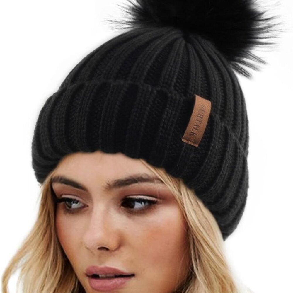 Womens Winter Knitted Beanie Hat with Faux Fur Pom Warm Knit Skull Cap Beanie fo